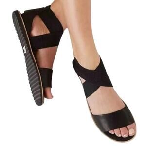 SOREL Ella Leather Flat Sandal Criss Cross Elastic Straps in Black Women's 8.5